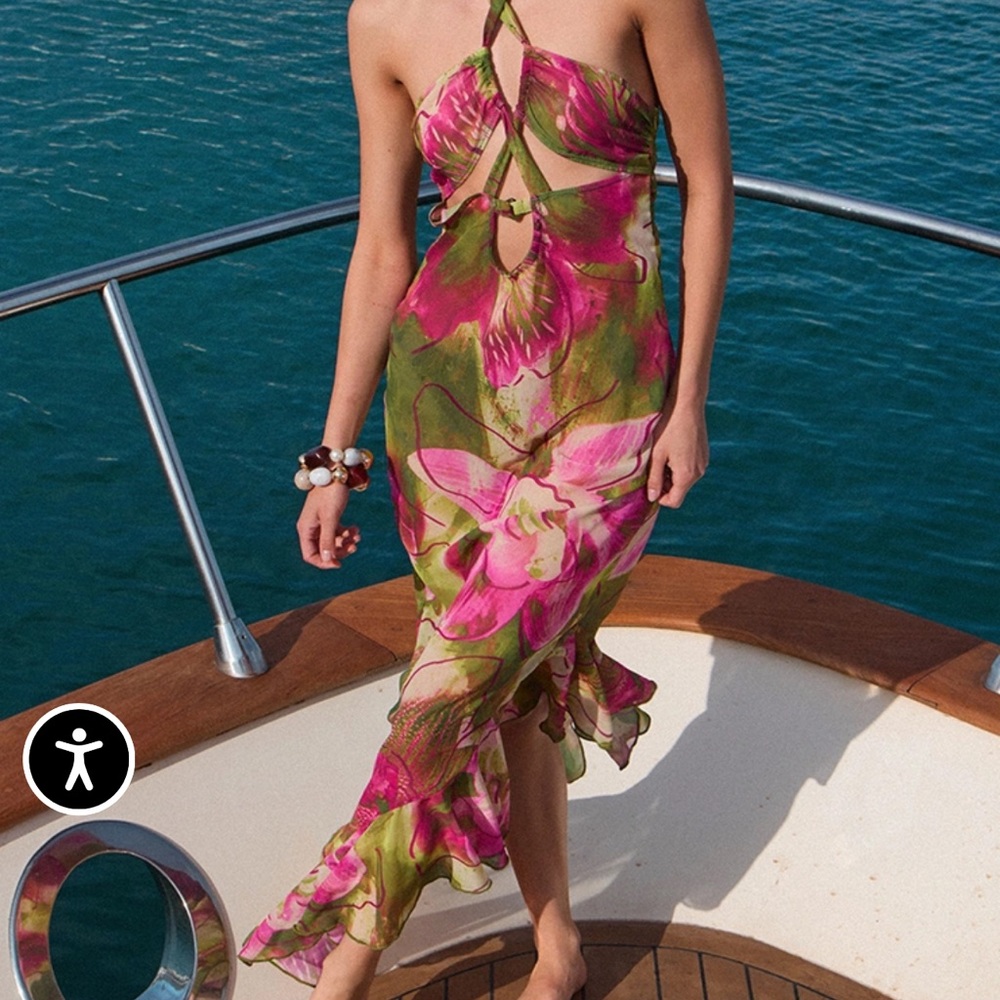 NWT PrettyLittleThing OLIVE ORCHID PRINT CHIFFON FRILL MAXI BEACH DRESS UI